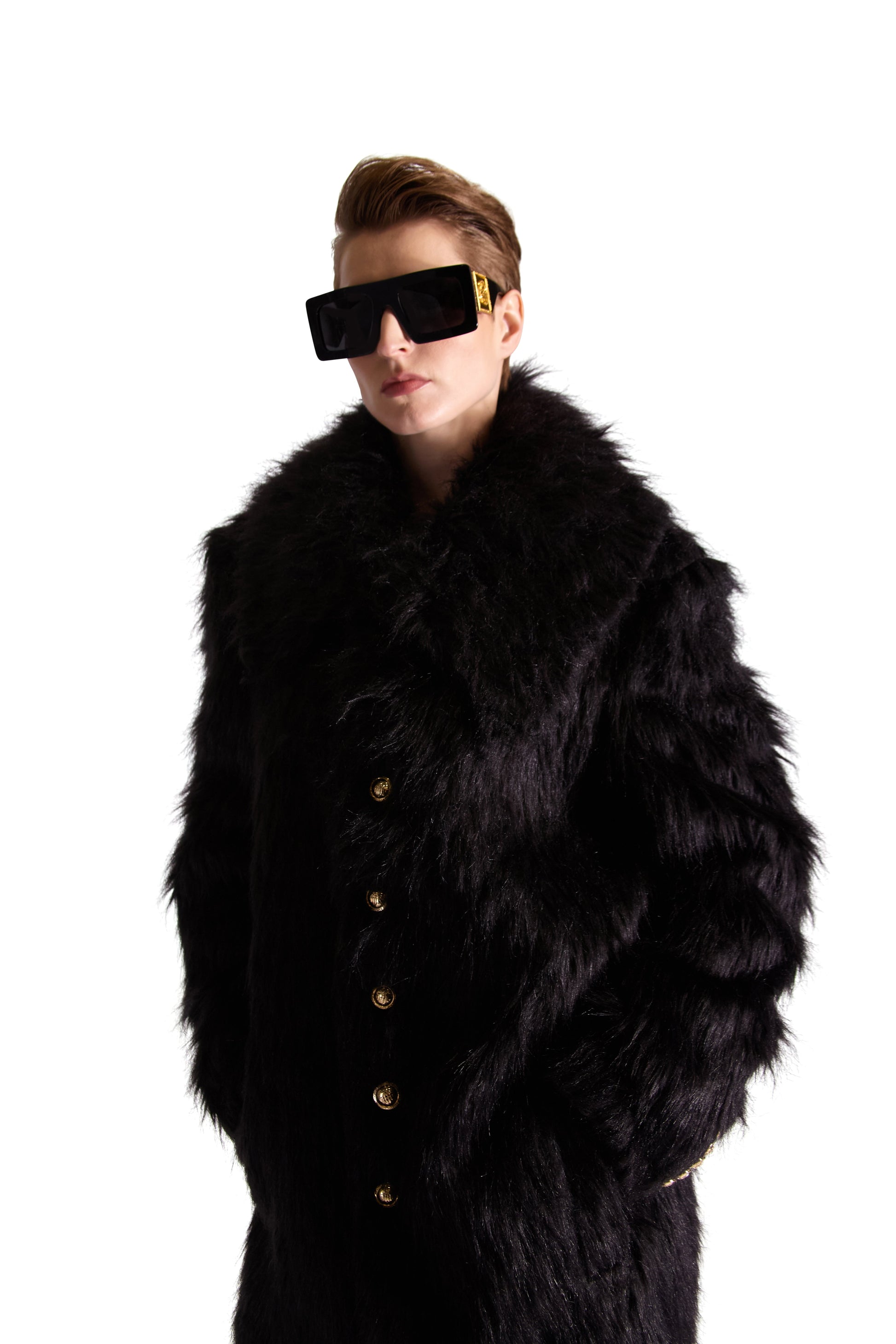 The oversized luxury faux fur shoulder bag displayed elegantly, demonstrating its generous dimensions and exquisite craftsmanship.