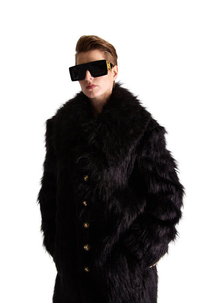 The oversized luxury faux fur shoulder bag displayed elegantly, demonstrating its generous dimensions and exquisite craftsmanship.