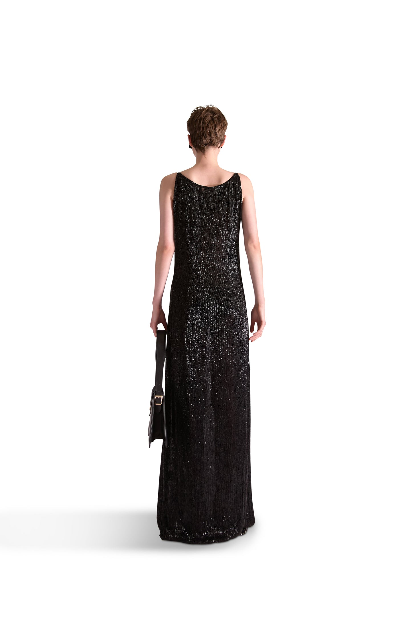 Luxury hand embroidered katdana beaded evening dress featuring a rounded neckline, crafted in Italy for a sophisticated look.