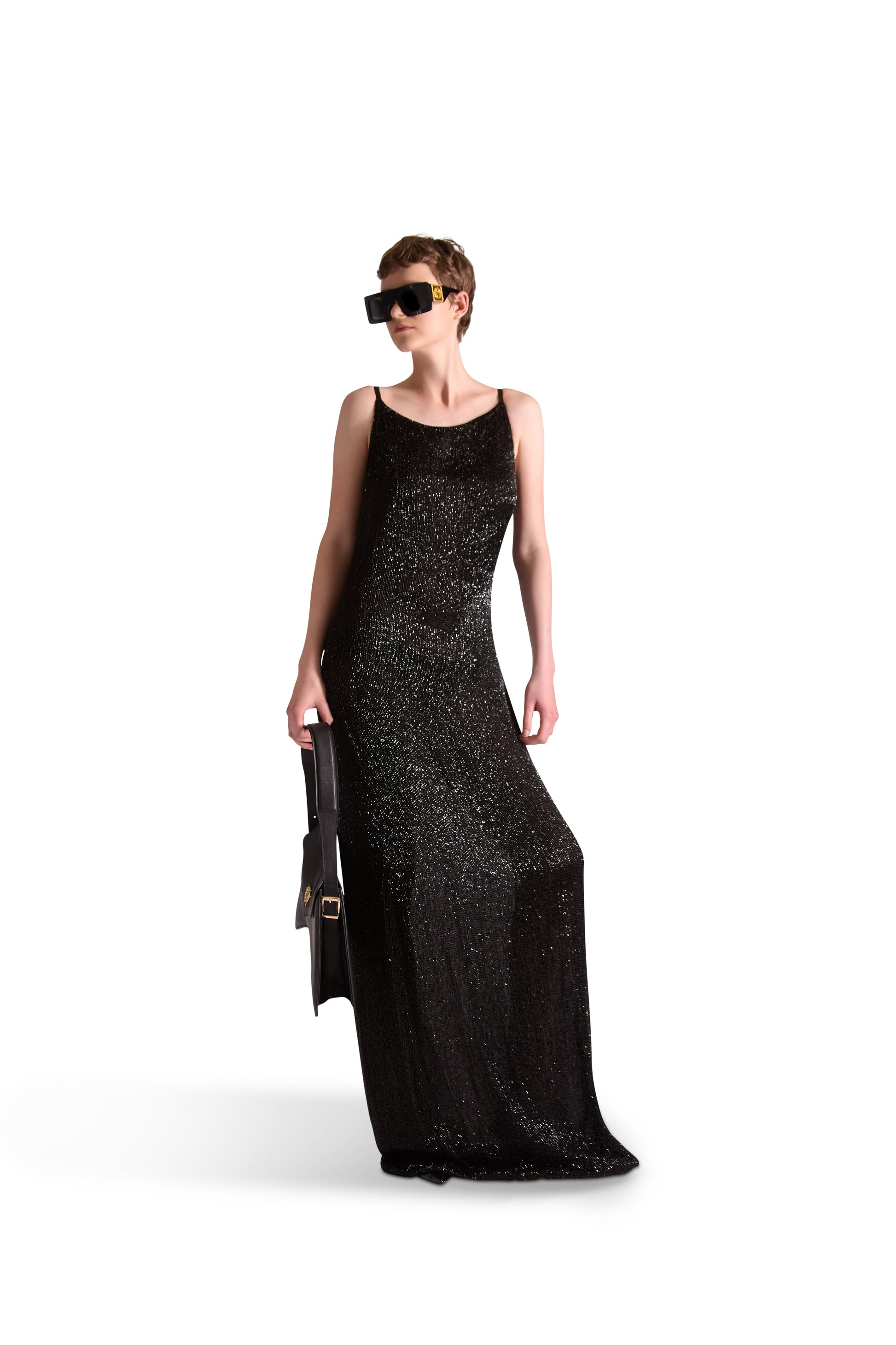 Elegant luxury hand embroidered evening dress by Helen Anthony, featuring intricate katdana bead detailing, a stylish rounded neckline, and a floor-length design, crafted in Italy, ideal for upscale events.