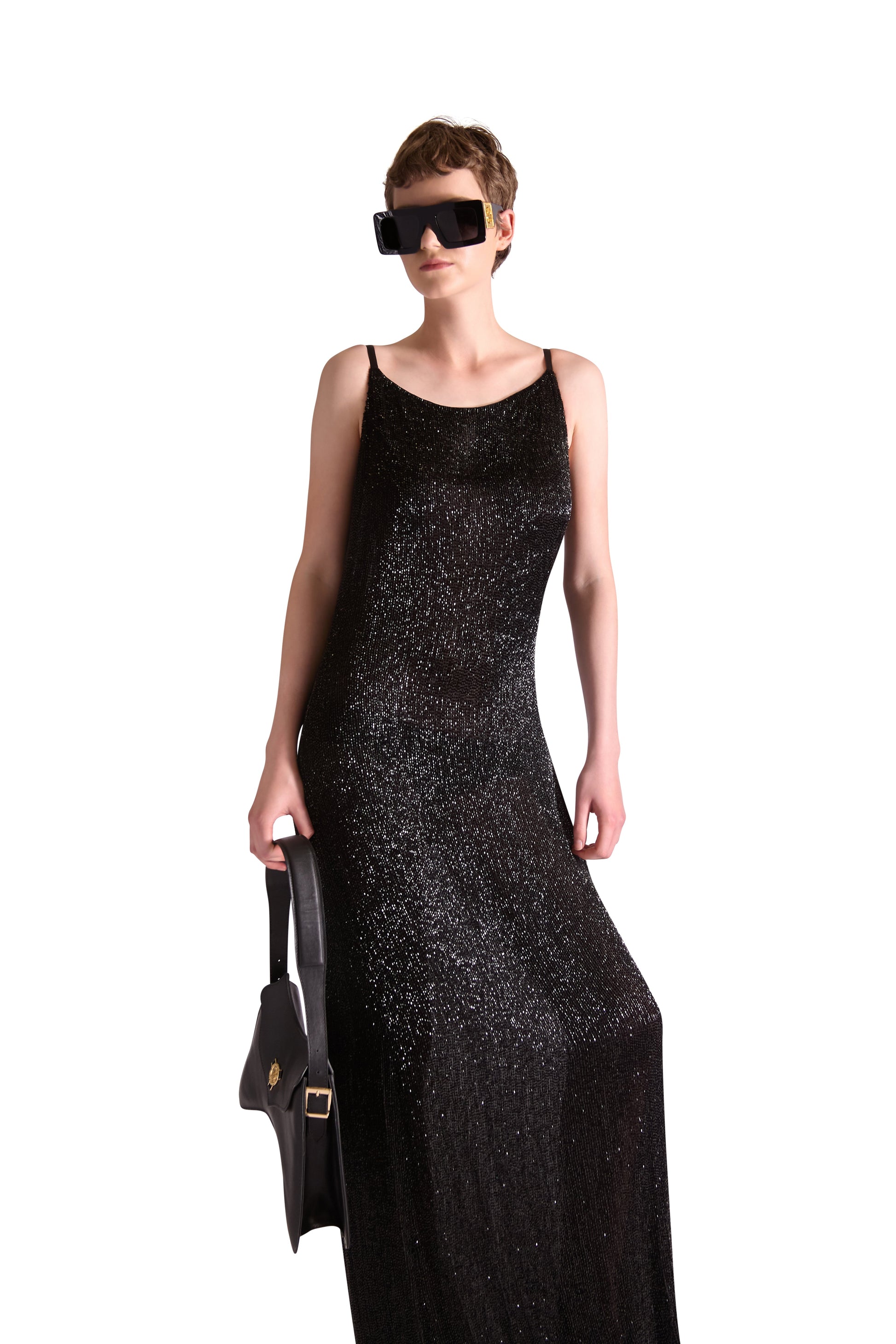 Elegant floor-length evening dress with exquisite katdana beadwork, designed by Helen Anthony for a glamorous evening ensemble.