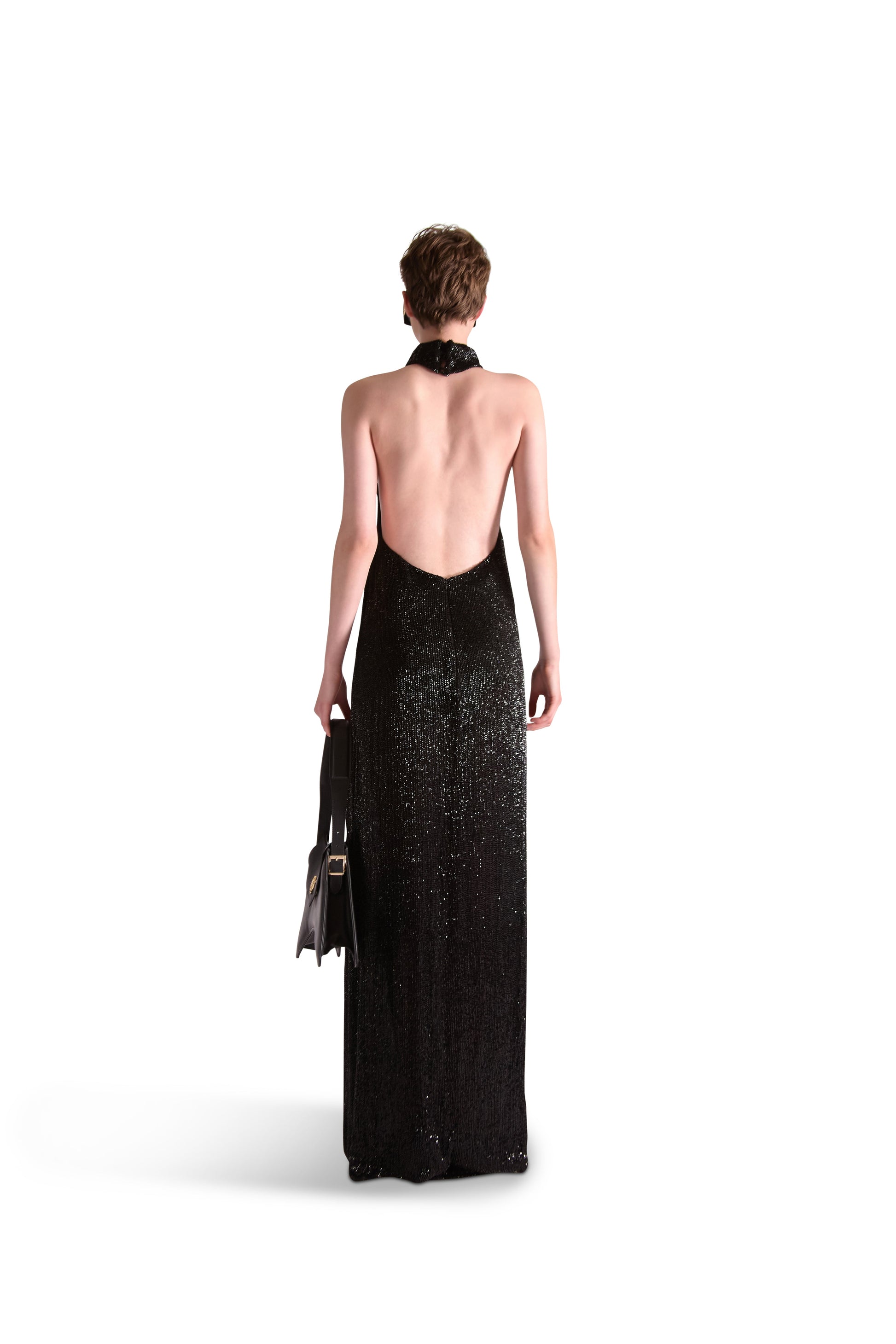 Luxury backless evening dress with exquisite hand-embroidered katdana beads and high neck collar, showcasing a floor-length silhouette.
