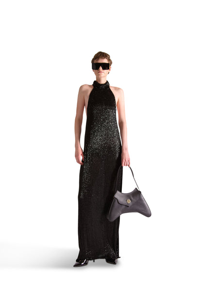 Gorgeous floor-length backless evening dress designed by Helen Anthony, embodying luxury and timeless elegance.