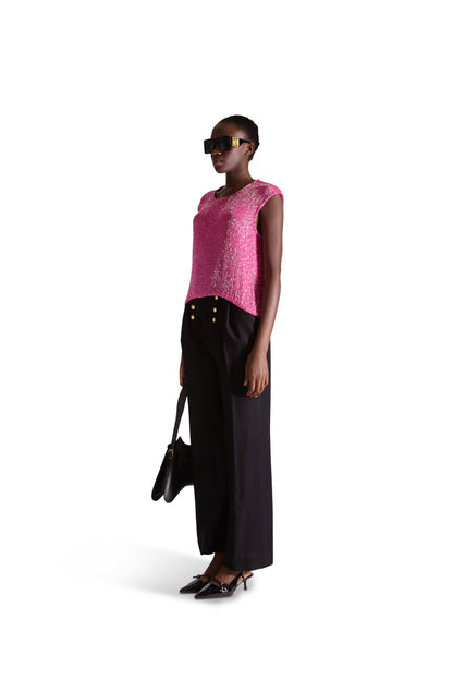 Elegant back zip closure of a luxury sleeveless silk top, highlighting its refined design and high-quality silk lining.