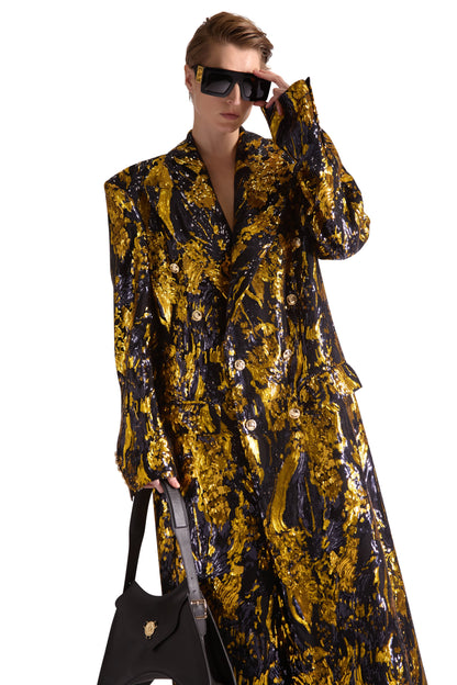 Elegant hand embroidered peak lapel double breasted long coat made from 100% British wool, featuring luxurious silk lining and exclusive gold monogram buttons, showcasing exquisite craftsmanship.