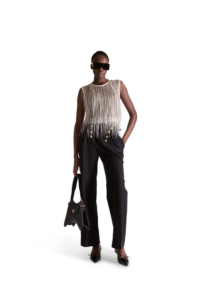 Stylish cropped length cut of the Helen Anthony sleeveless sheer top, displaying its straight hem line and exquisite craftsmanship that epitomises luxury fashion.