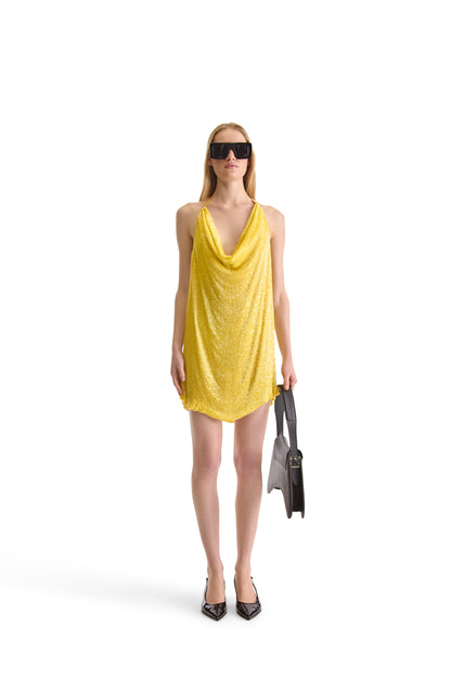 Elegant hand embroidered backless dress with intricate beading and silk lining, showcasing luxurious craftsmanship and a stylish tie neckline - Made in Italy.