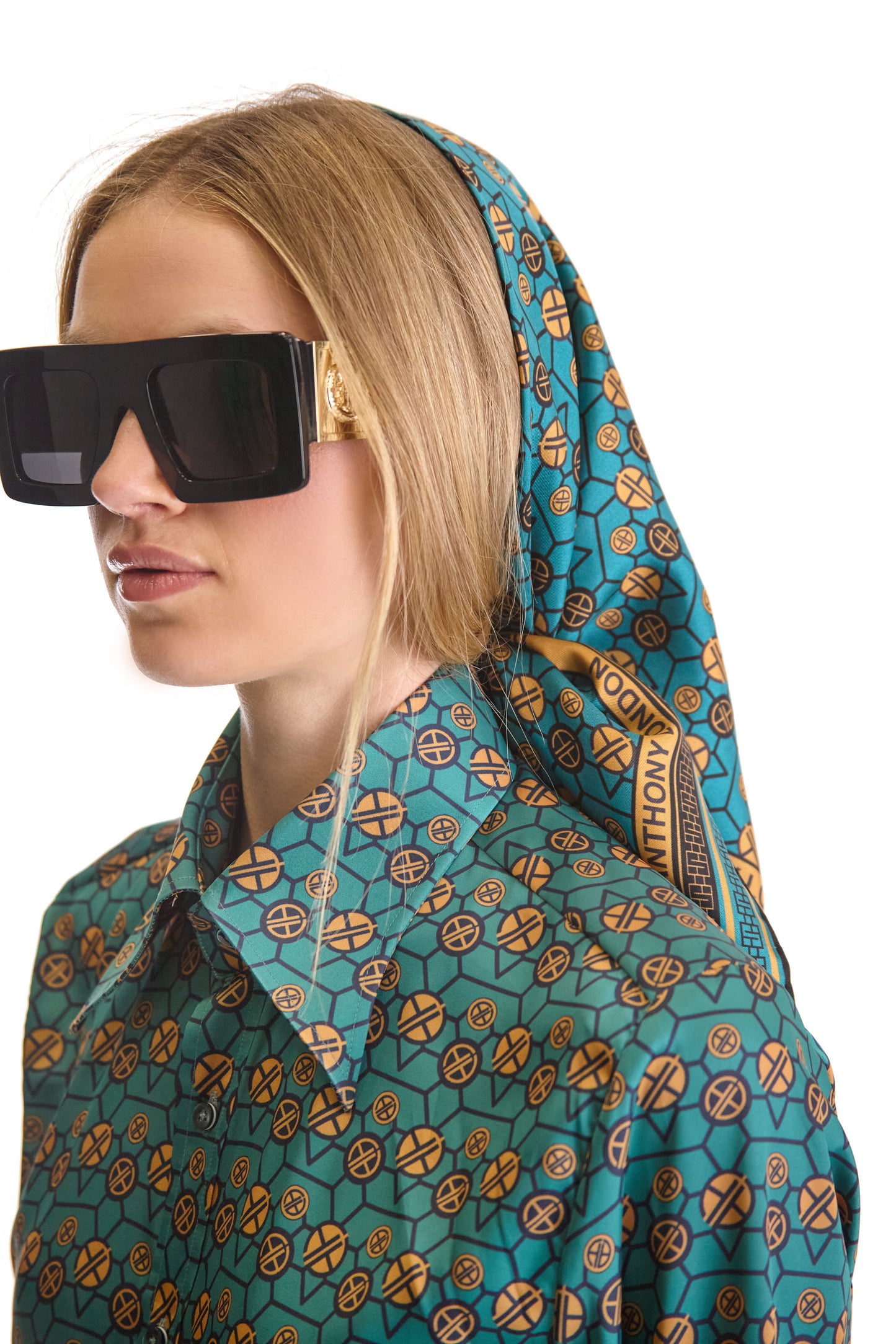 Luxury Tailored Fit Monogram Print Shirt in Woven Fabric with Pointed Collar and Curved Hem