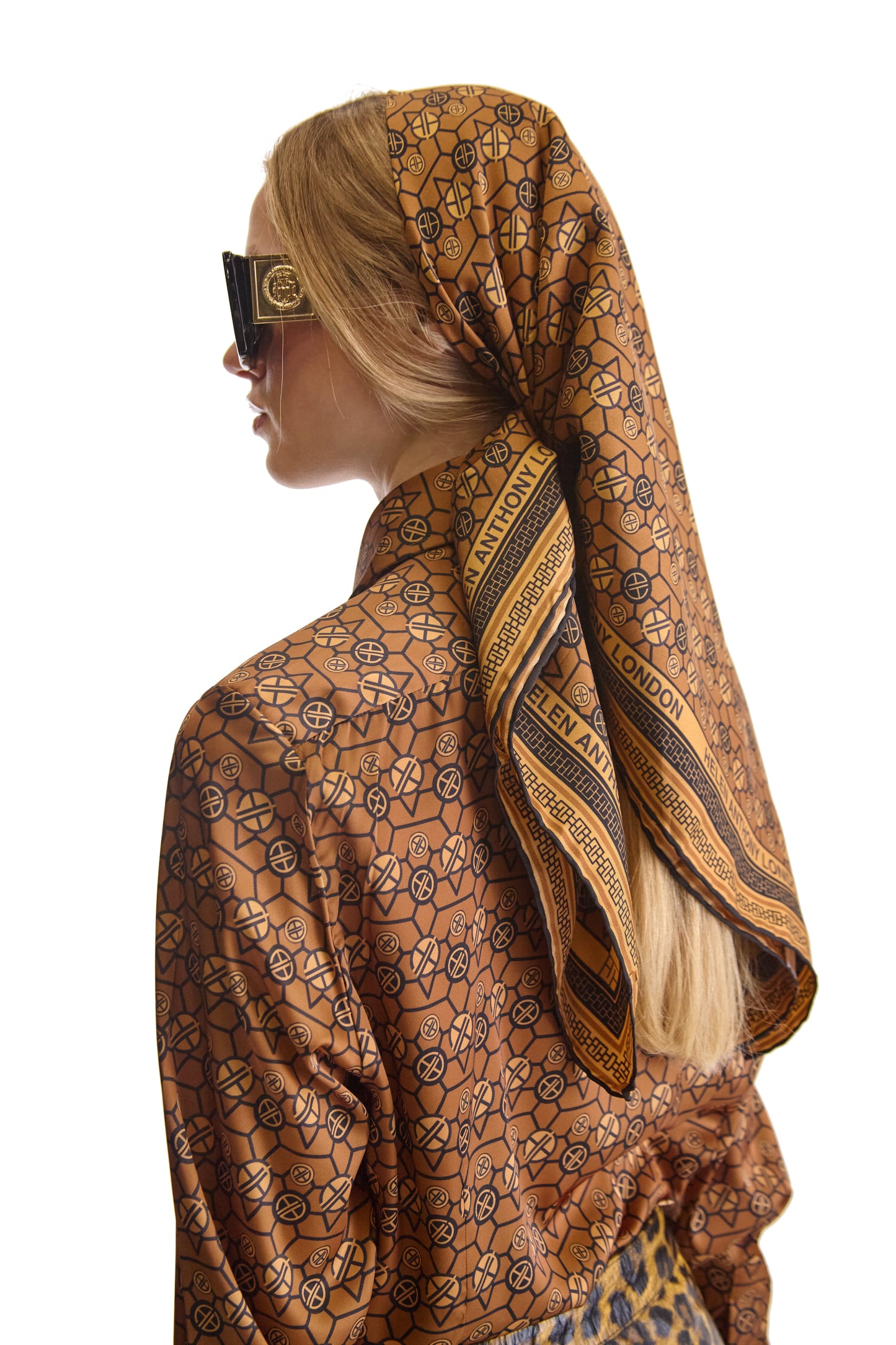 Premium long-sleeved monogram print shirt by Helen Anthony, expertly made in Italy with a blend of polyester and lycra for ultimate comfort.