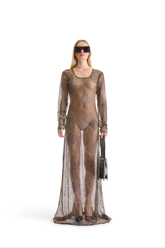 Luxurious hand embroidered sheer evening dress with long sleeves by Helen Anthony, featuring exquisite beadwork and a sophisticated round neck design, perfect for elegant occasions.