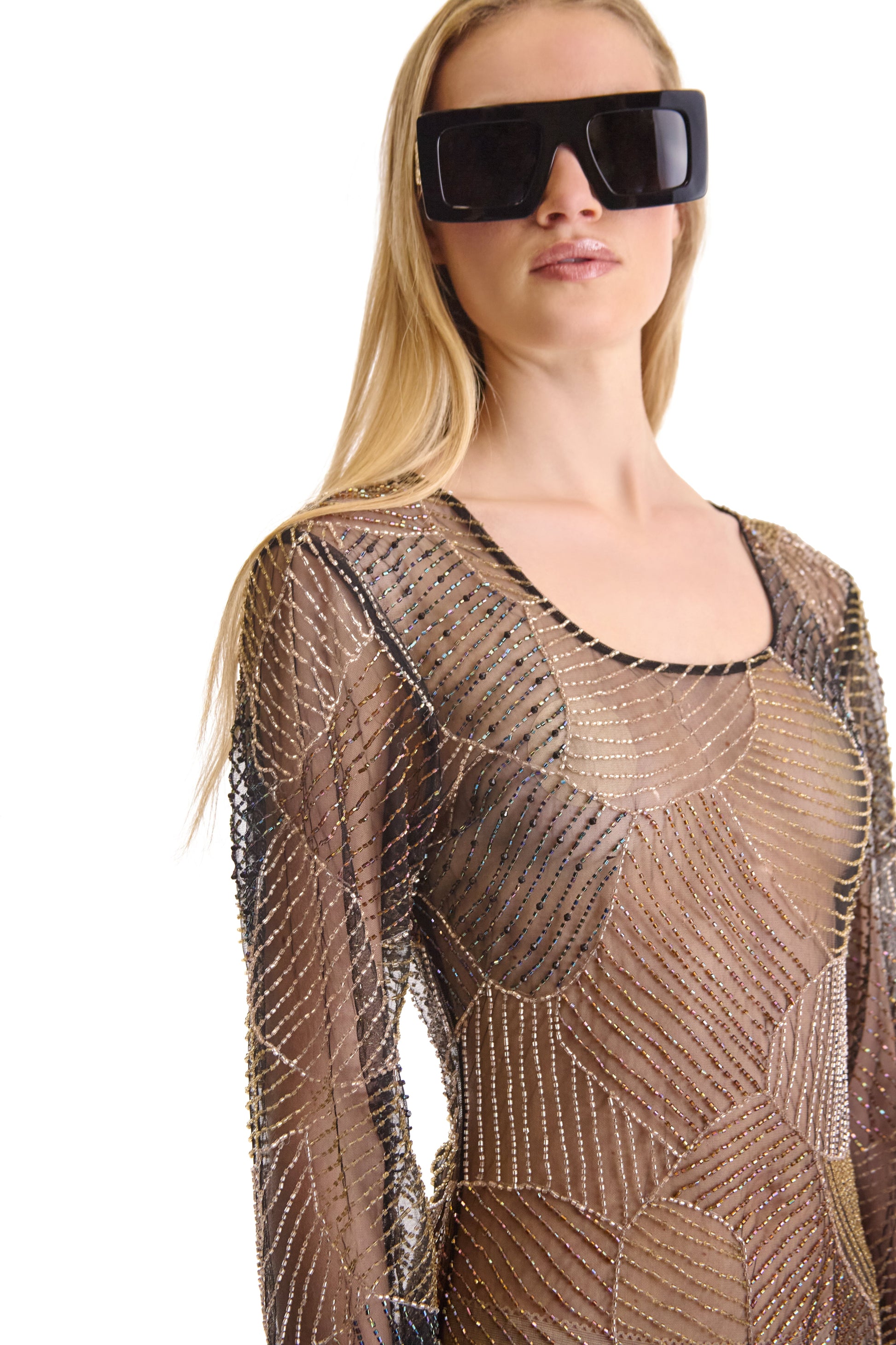 Back view of a stunning hand embroidered sheer evening dress, highlighting the elegant design details and the sophisticated zip closure.