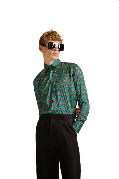 Luxury tailored fit monogram print shirt featuring a sophisticated geometric pattern, pointed collar, and mitered cuffs, designed by Helen Anthony.
