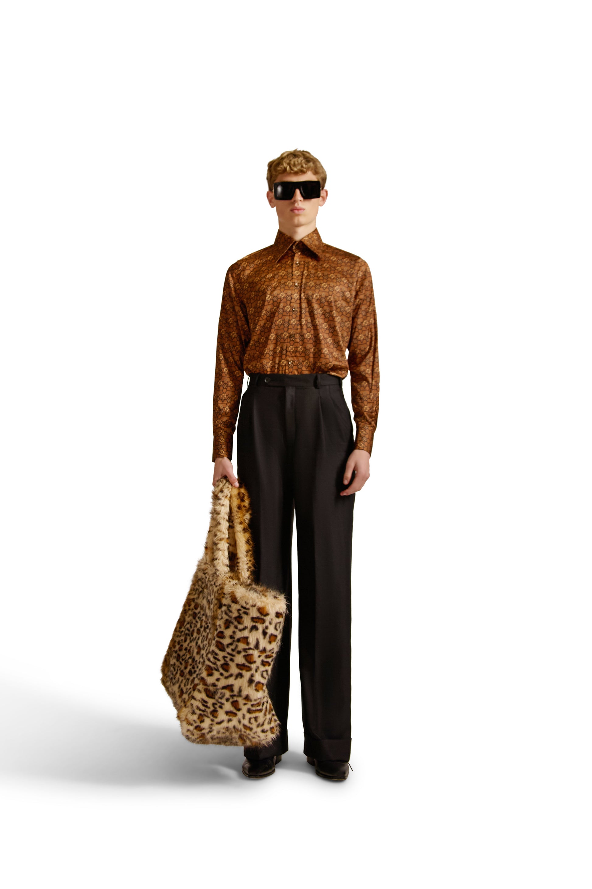 Luxury geometric monogram tailored shirt with pointed collar, showcasing intricate geometric patterns on a sophisticated woven fabric, crafted in Italy.