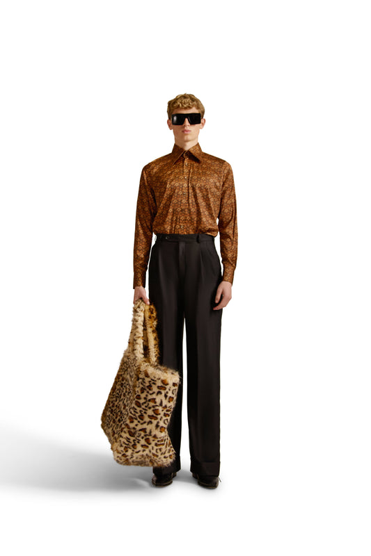 Luxury geometric monogram tailored shirt with pointed collar, showcasing intricate geometric patterns on a sophisticated woven fabric, crafted in Italy.