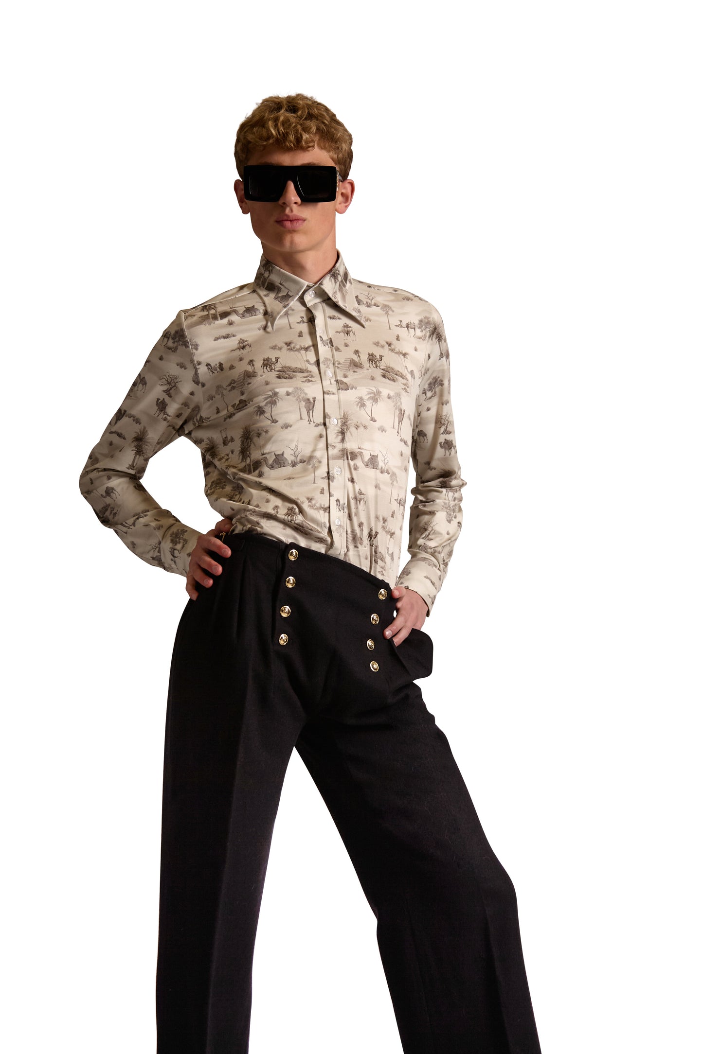 Exclusive monogram print tailored fit shirt by Helen Anthony, featuring long sleeves and button front closure, crafted from luxury knitted fabric.