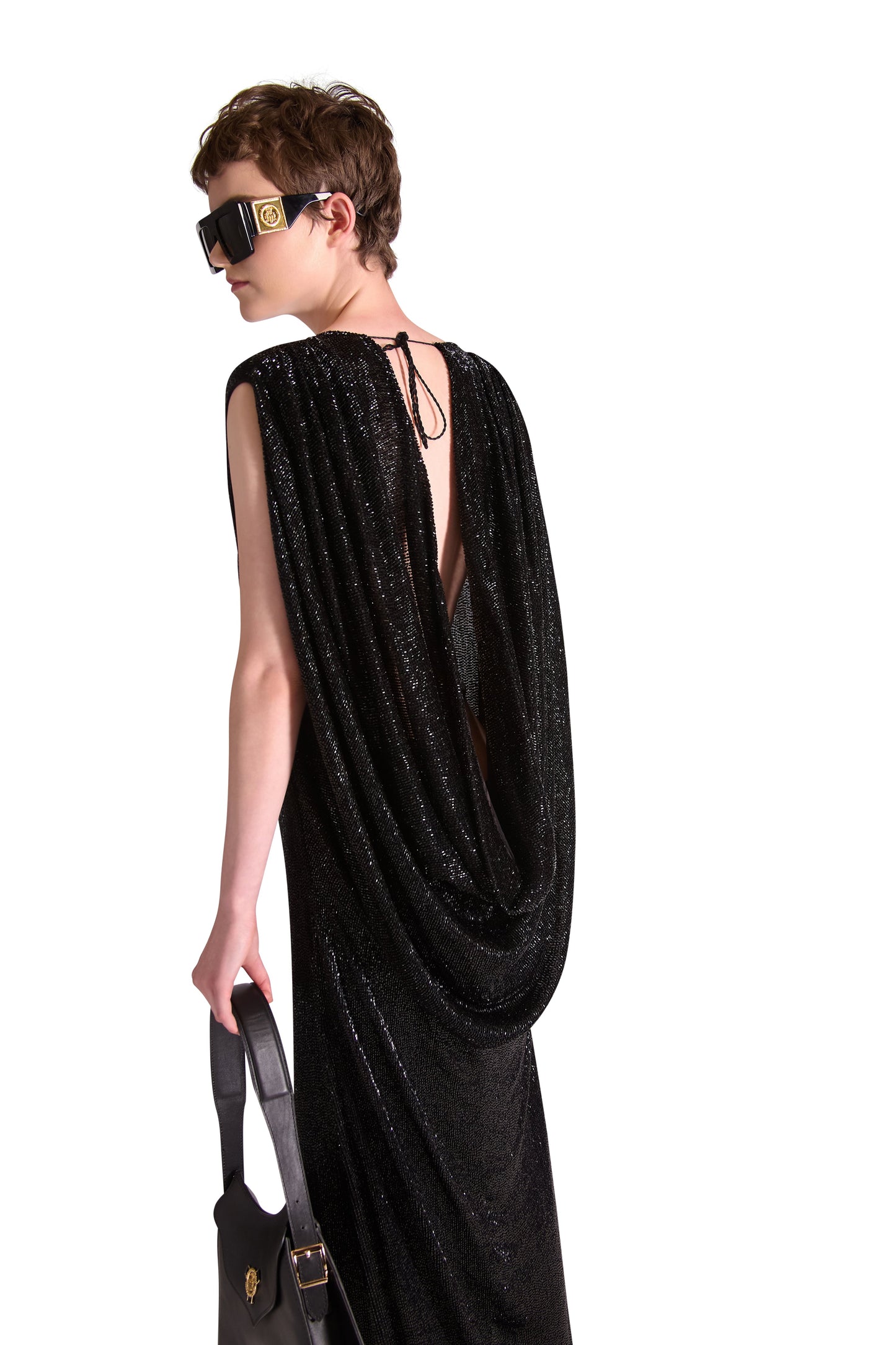 Elegant luxury hand embroidered katdana evening dress featuring a low back design, made in Italy.