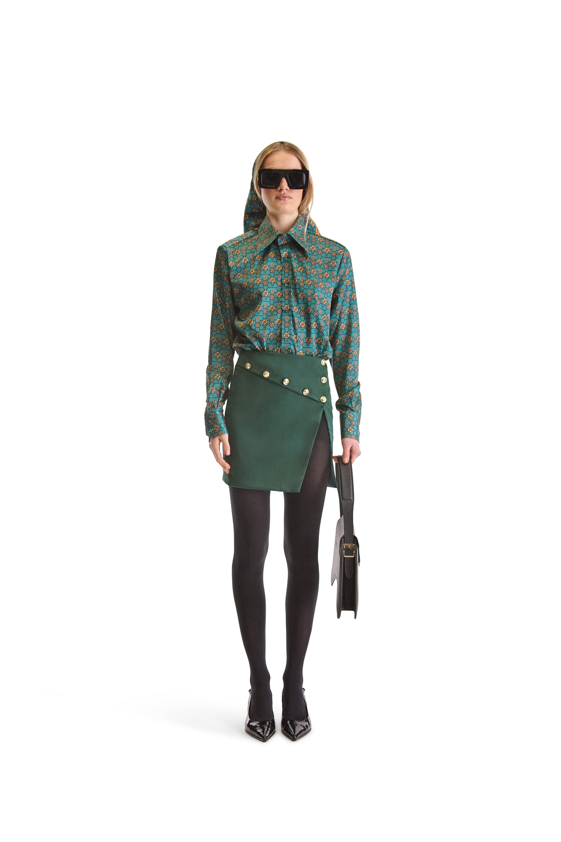 Luxury tailored fit monogram print woven shirt by Helen Anthony, featuring a stylish pointed collar and elegant curved hem.