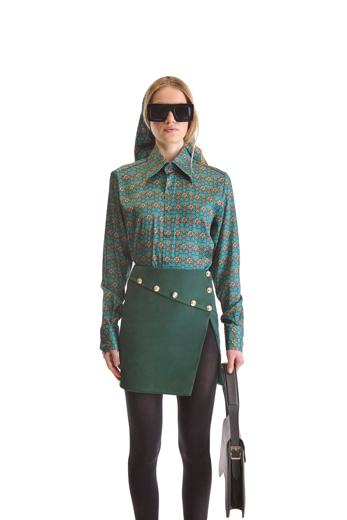 Luxury tailored fit monogram print shirt by Helen Anthony featuring a geometric pattern, elegant pointed collar, and stylish curved hem.