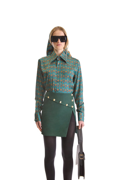 Luxury tailored fit monogram print shirt by Helen Anthony featuring a geometric pattern, elegant pointed collar, and stylish curved hem.