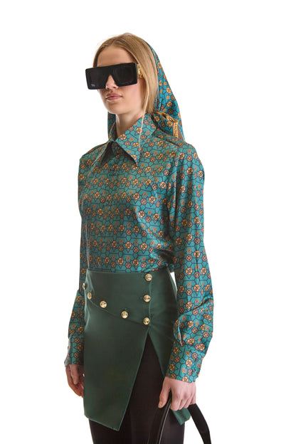 Sophisticated bespoke shirt design from Helen Anthony, featuring a fashionable monogram print and refined tailoring, made in Italy.