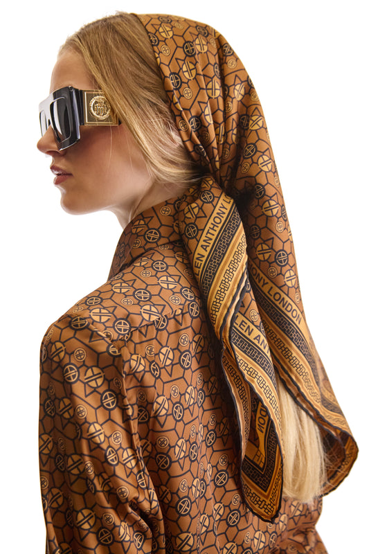 Exclusive Monogram Twill Silk Scarf by Helen Anthony, featuring a luxurious geometric pattern and hand-rolled edges, made from 100% Italian silk, size 90 cm x 90 cm.
