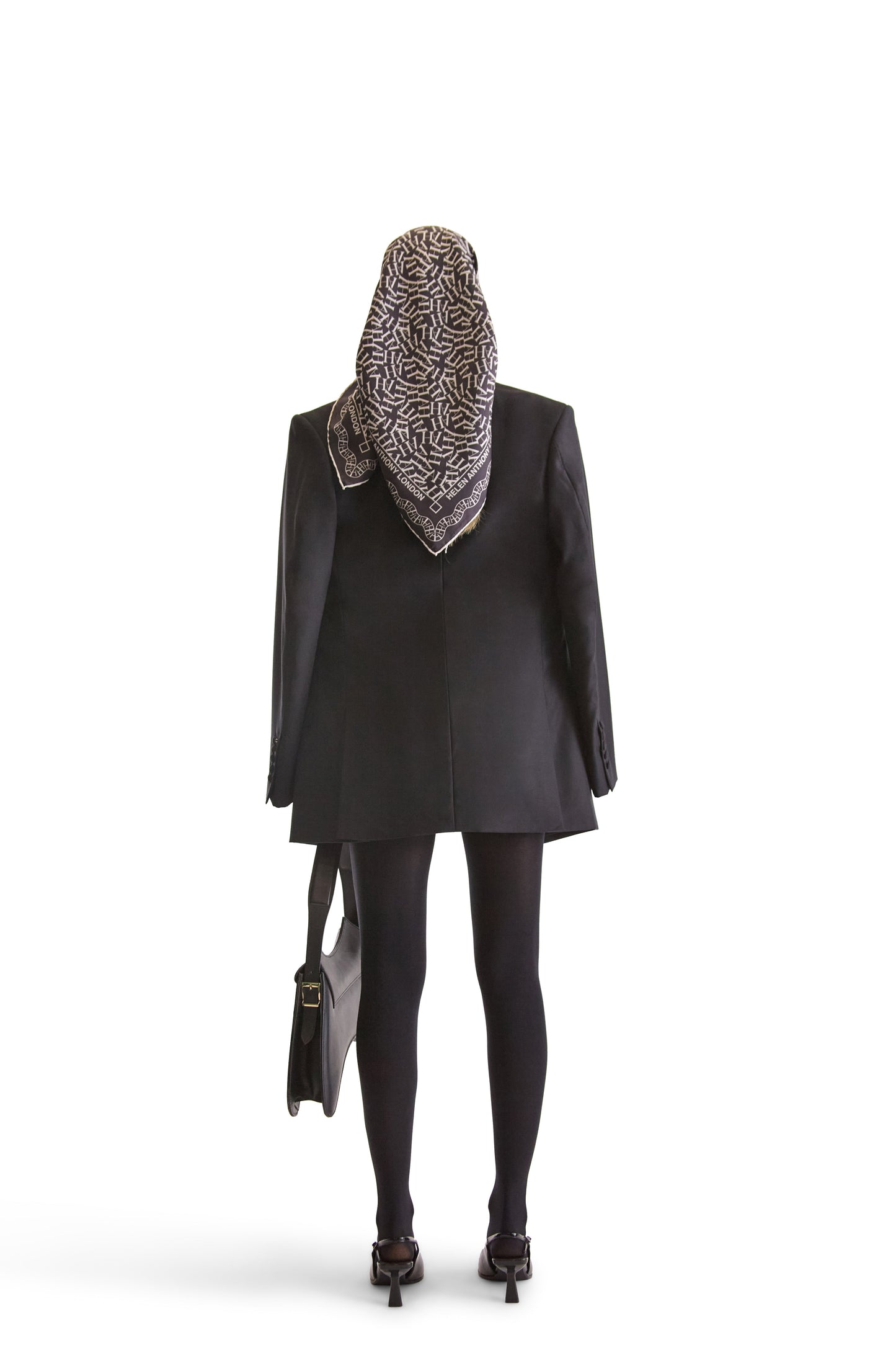 Luxurious Helen Anthony 100% twill silk monogram initial scarf, featuring elegant initials and logo, dimensions 90 x 90 cm, made in Italy, perfect for sophisticated styling.