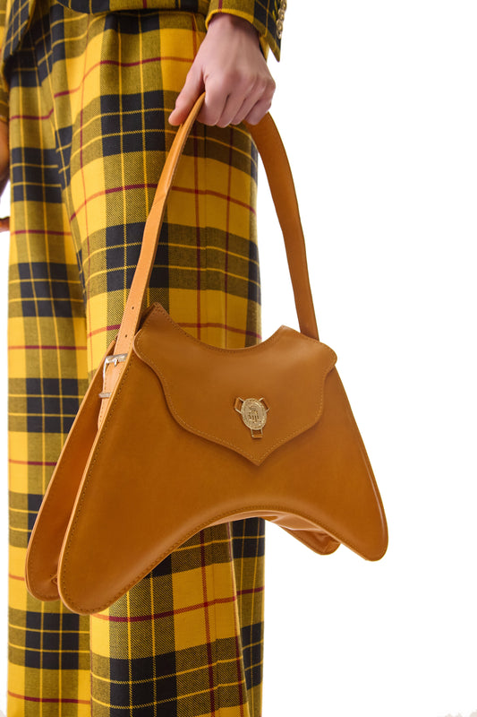 Helen Anthony calfskin leather small shoulder bag showcasing the exclusive monogram logo and elegant gold finish, made in Italy.