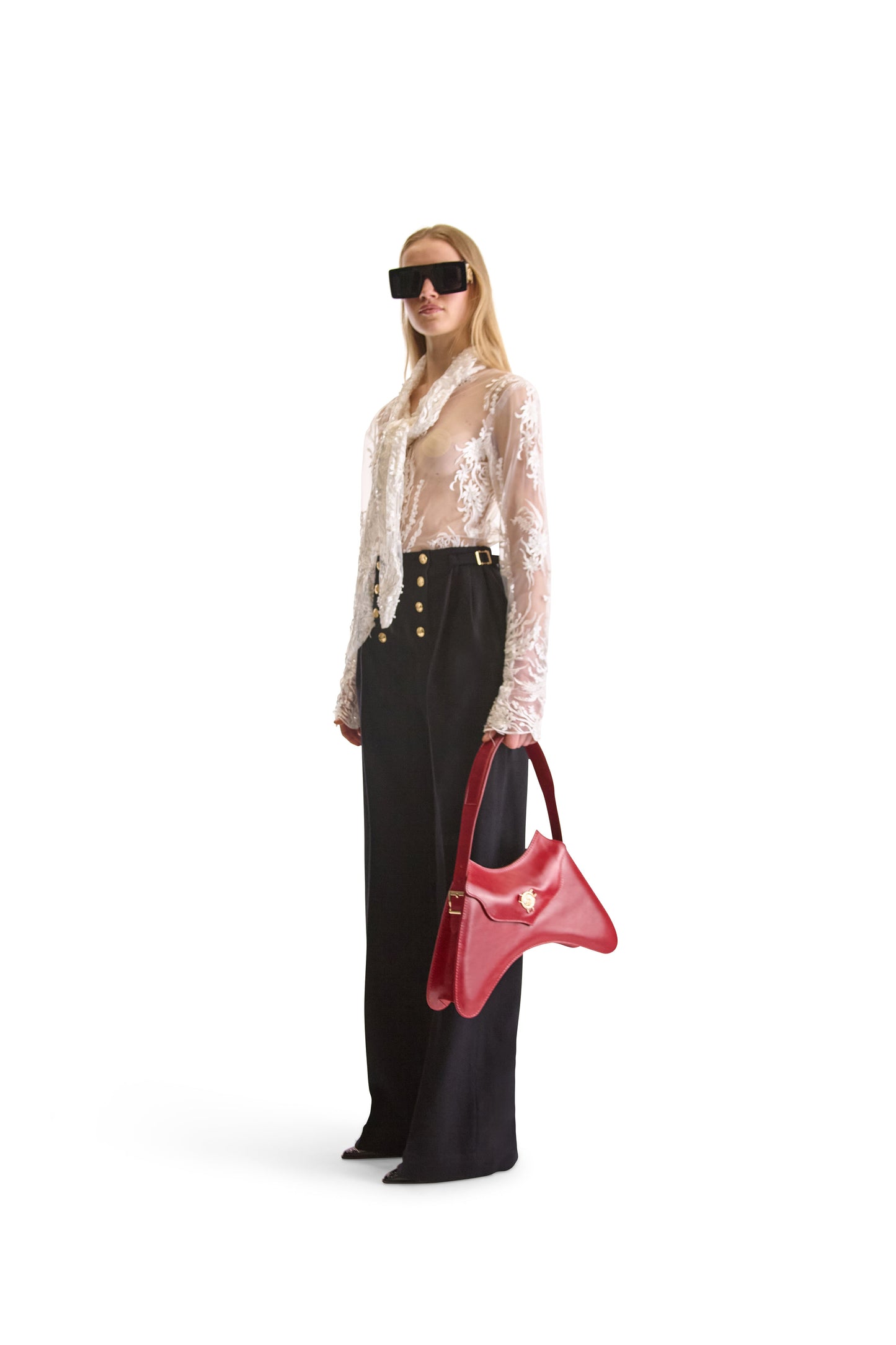 Full view of luxurious hand embroidered sheer blouse with floral designs, perfect for sophisticated occasions, crafted by Helen Anthony in Italy.