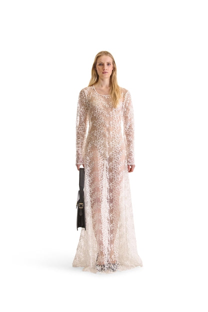 Elegant long sleeved sheer evening dress featuring exquisite hand embroidered beads, made in Italy, showcasing a sophisticated mesh fabric design.
