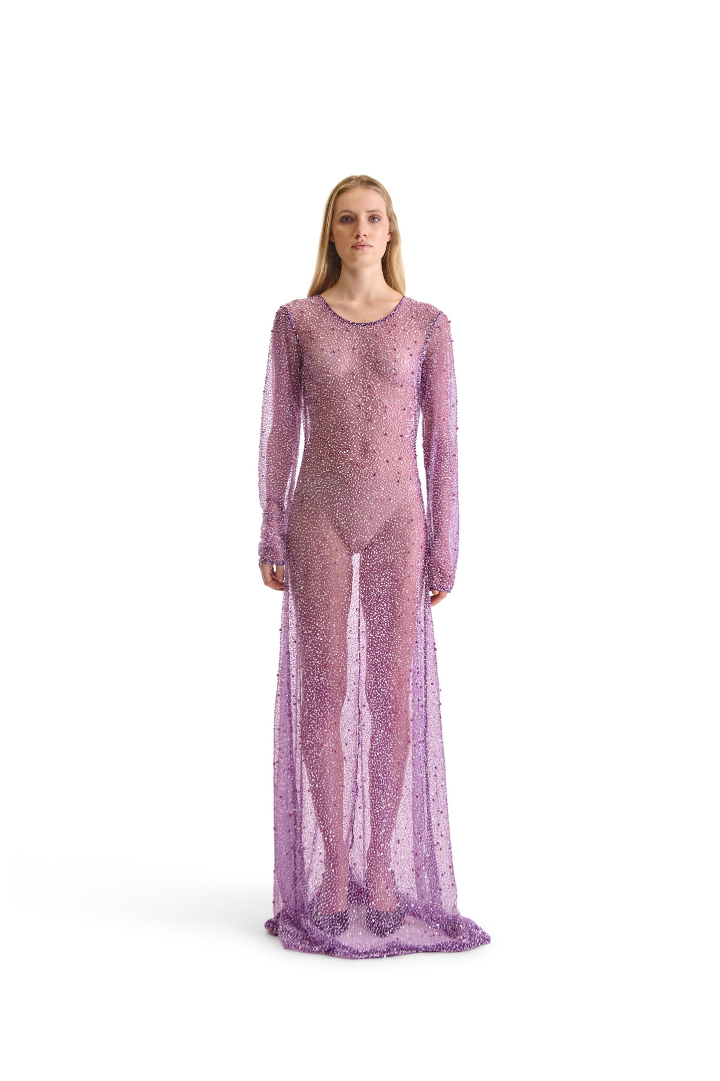 Elegant hand embroidered beaded long sleeve sheer evening dress made from 100% mesh fabric, showcasing intricate beadwork and delicate sequins, perfect for formal occasions.