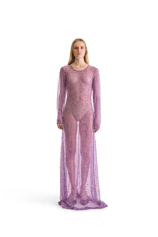 Elegant hand embroidered beaded long sleeve sheer evening dress made from 100% mesh fabric, showcasing intricate beadwork and delicate sequins, perfect for formal occasions.