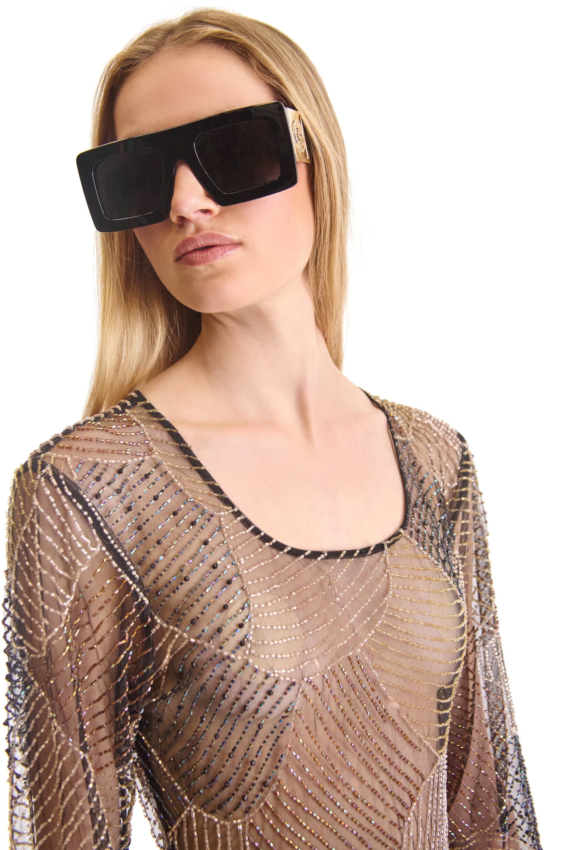 Luxurious sheer evening dress with long sleeves and intricate hand embroidery, featuring a stylish back zip closure, crafted in Italy.