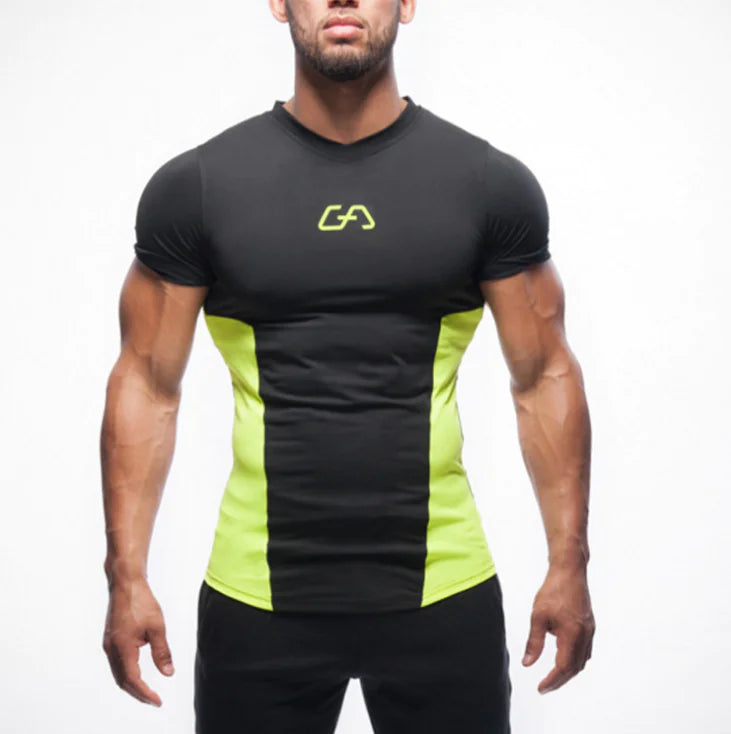 Luxurious quick-dry compression T-shirt for men featuring a modern black and neon green design, perfect for training and athletic wear.