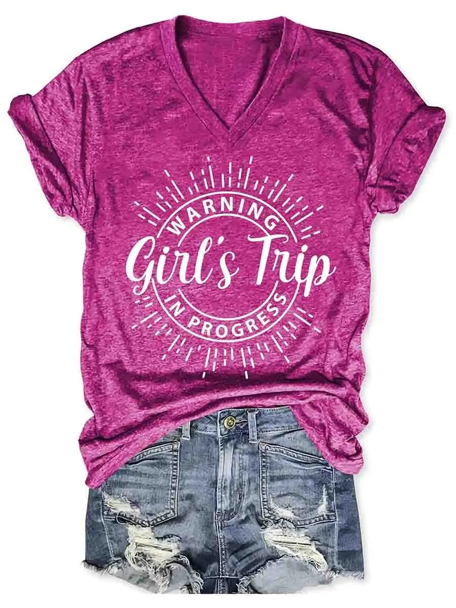 Women's Girl's Trip Warning V-Neck Tee