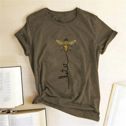 Diverse sizes of the Bee Kind Women's Graphic Tee by Dazzling Dreams Studio displayed on a mannequin, reflecting versatility and an elegant casual style for every body type.