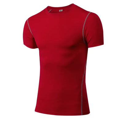 Chic red short sleeve compression shirt for men, ideal for activewear enthusiasts looking to elevate their fitness wardrobe with modern aesthetics.