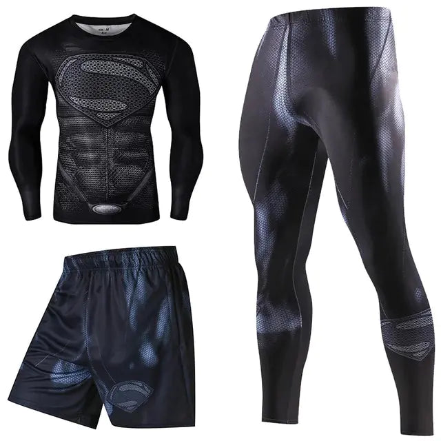 Luxury Superman inspired compression bodysuit featuring a sleek design with moisture-wicking fabric, perfect for fitness enthusiasts.