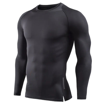 Luxury-inspired men's long sleeve compression shirt in polished black, tailored for comfort and class during sports endeavors.