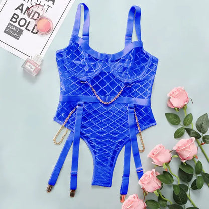 Lace Sissy Crotchless Bodysuit – Seductive Plaid Lingerie with Chain Detail, featuring a vibrant blue hue and intricate mesh pattern, adorned with elegant chain accents.