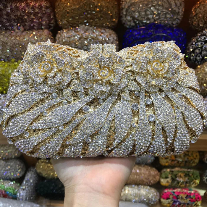 Stylish and sophisticated Luxury Rhinestone Evening Clutch Bag, encapsulating elegance in a compact minaudiere shape, suitable for glamorous events.