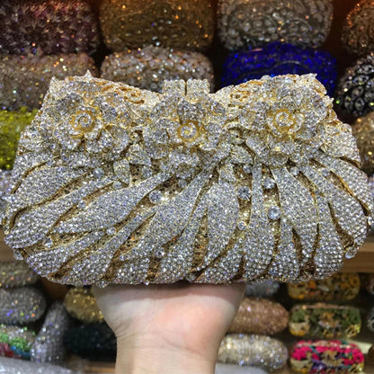 Stylish and sophisticated Luxury Rhinestone Evening Clutch Bag, encapsulating elegance in a compact minaudiere shape, suitable for glamorous events.