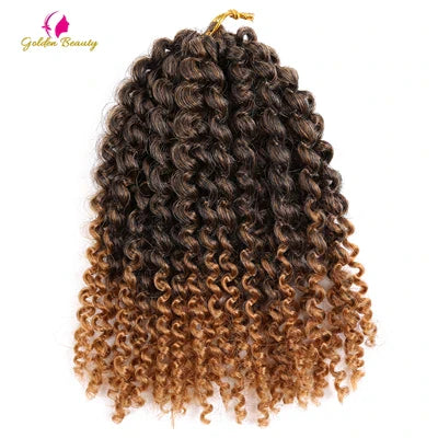 A pack of Golden Beauty Afro Kinky Twist Crochet Braids, showcasing both 8 inch and 12 inch lengths, ideal for creating various elegant hairstyles.