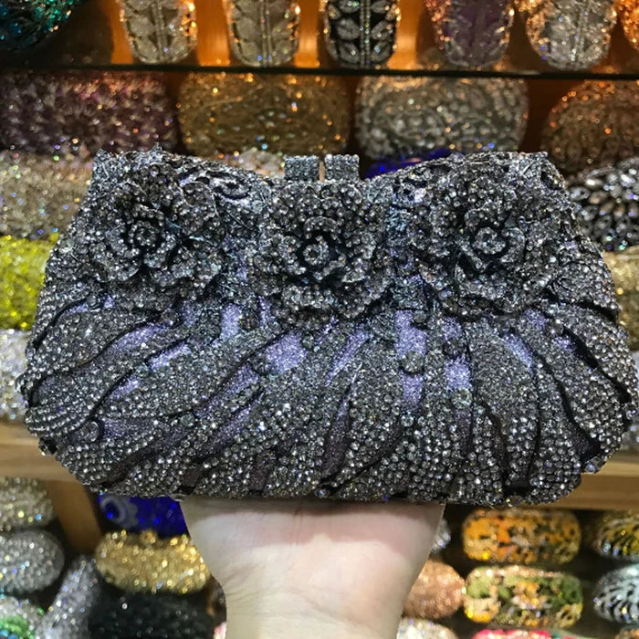 Exquisite luxury women's rhinestone evening clutch bag in metallic finish, perfect for glamorous party occasions.