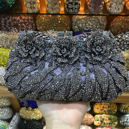 Exquisite luxury women's rhinestone evening clutch bag in metallic finish, perfect for glamorous party occasions.