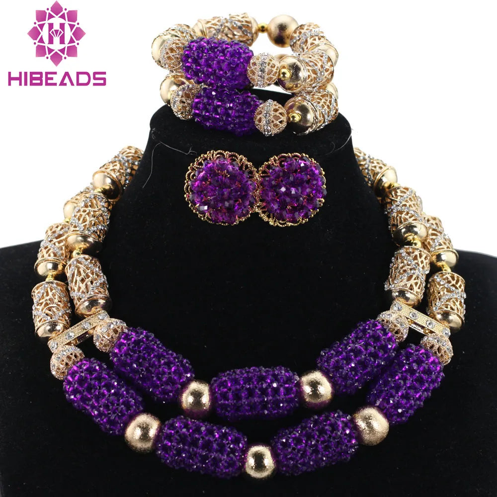 Exquisite luxury purple stud earrings from the 3-piece women's jewelry set, featuring elegant crystal accents and trendy Nigerian design.
