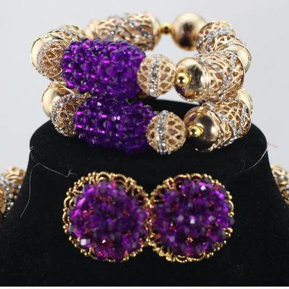 Complete luxury purple 3-piece women's jewelry set: stud earrings, 18-inch necklace, and 8-inch bracelet, perfect for wedding or special occasions.