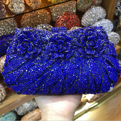 Luxury women's rhinestone evening clutch bag in metallic finish for elegant parties, showcasing a solid design.