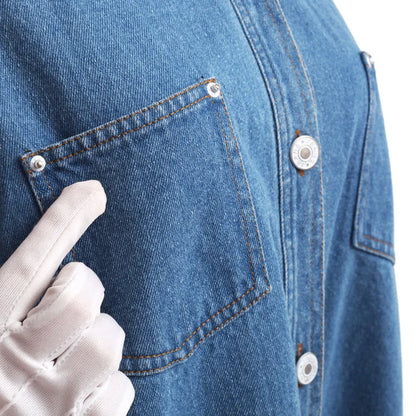 Luxurious plus size long denim windbreaker, designed for women, featuring a fashionable hollow out decoration for a unique flair.