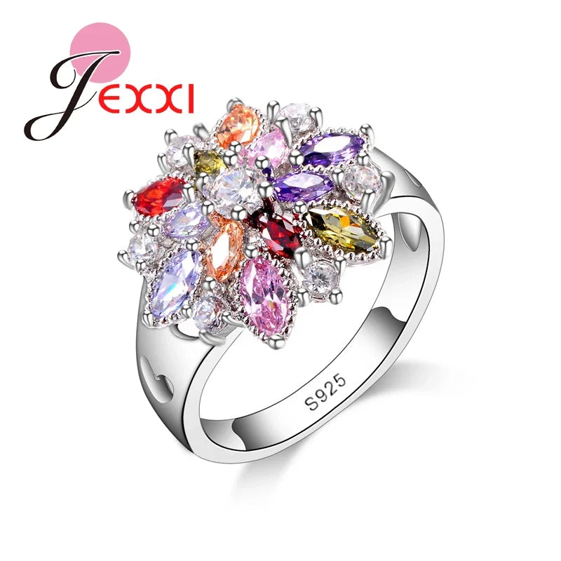 Elegant 925 sterling silver flower-shaped ring adorned with sparkling zircon gemstones, a perfect piece of luxury fashion jewelry for trendsetting young girls.