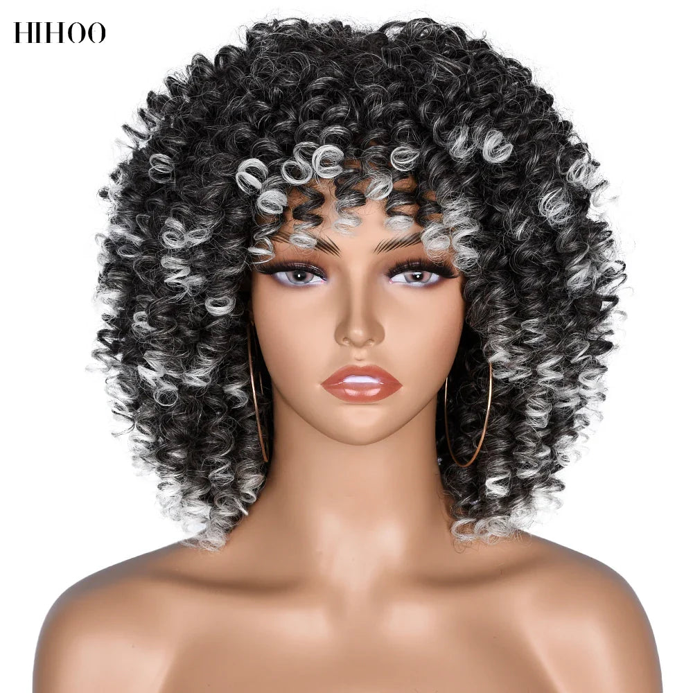 Back view of a luxury synthetic short curly afro wig, showcasing the intricate curl pattern and natural look for an effortlessly glamorous style.